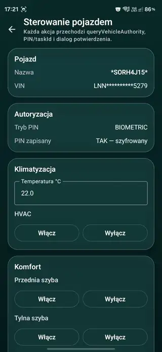 Ekran sterowania pojazdem w aplikacji Chery Control